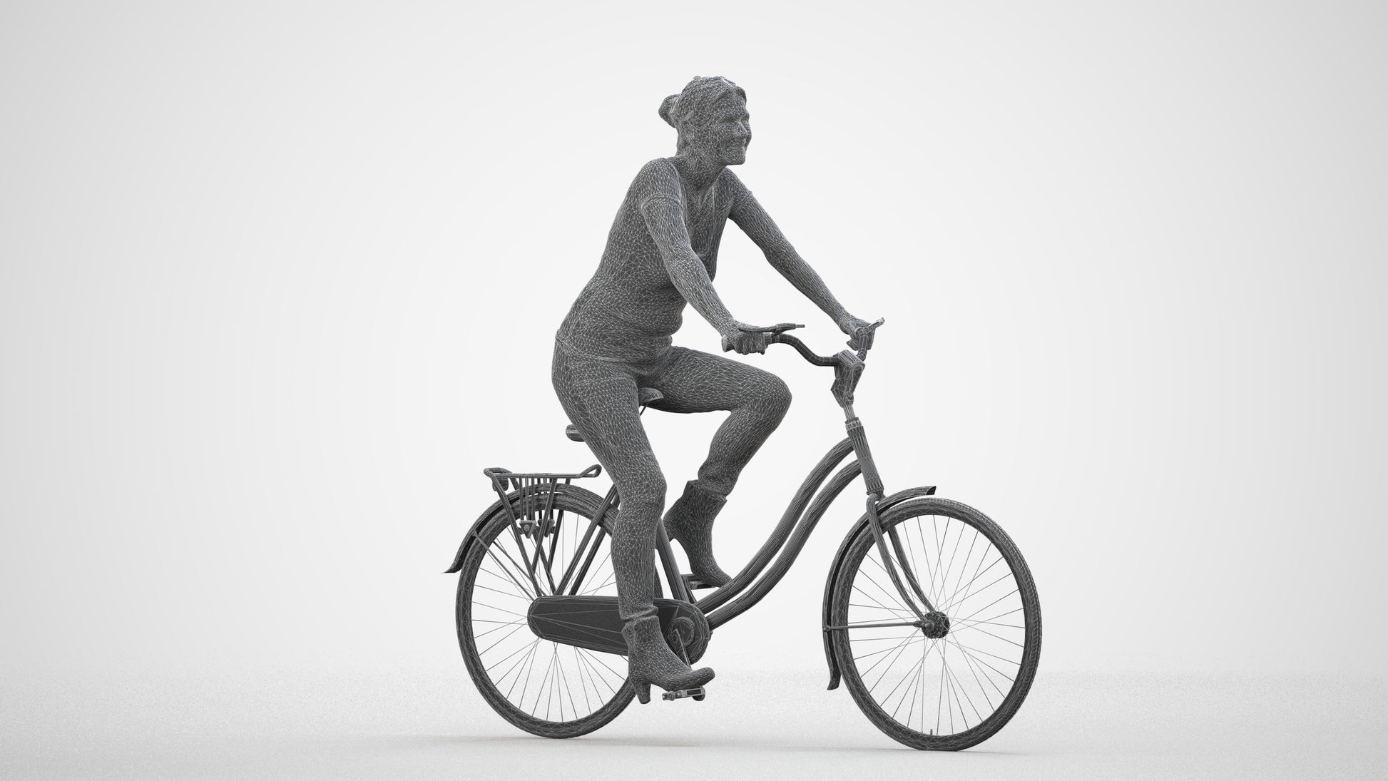 scanned 3D senior woman casual cycling, photogrammetry people for Enscape and V-Ray, wireframe side view