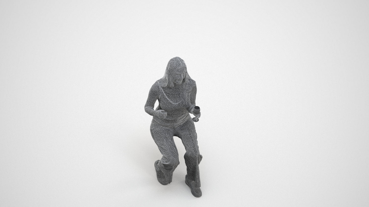 3D people model woman casual sitting, scanned human for 3ds Max rendering, wireframe three-quarter view