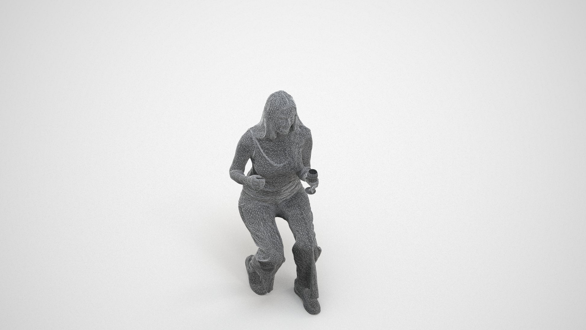 3D people model woman casual sitting, scanned human for 3ds Max rendering, wireframe three-quarter view