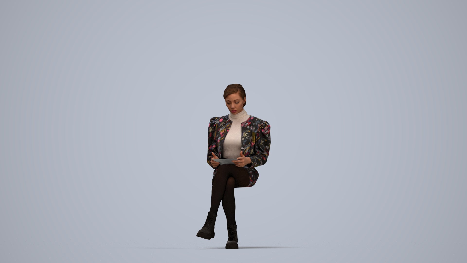 realistic 3D woman business sitting, scanned archviz people for Blender and 3ds Max, top-down view render