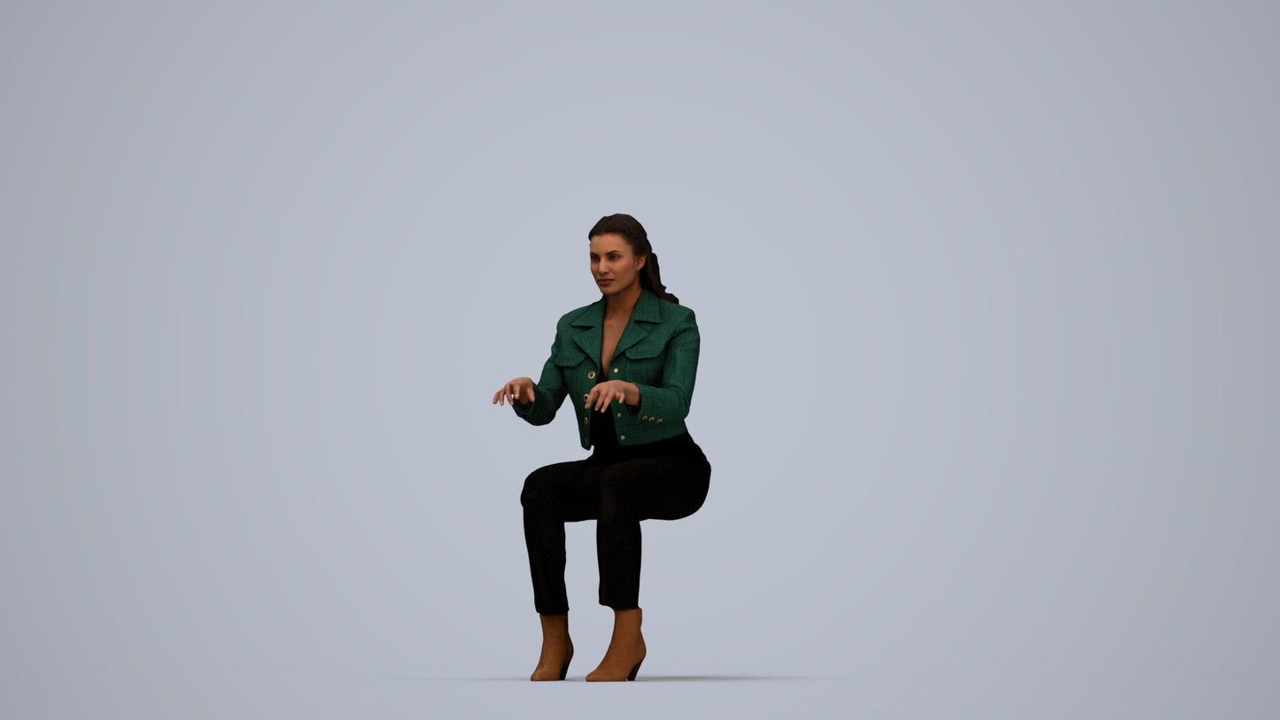 3D human model woman business sitting, photogrammetry scanned person for archviz, top-down view render