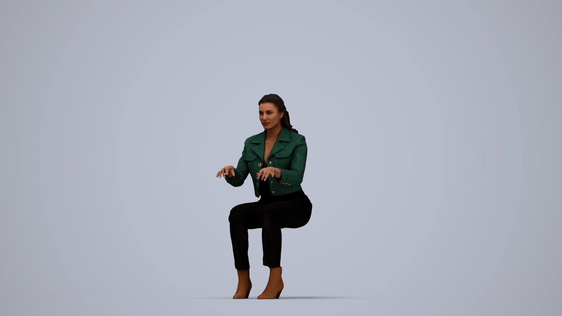 3D human model woman business sitting, photogrammetry scanned person for archviz, top-down view render