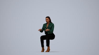 3D human model woman business sitting, photogrammetry scanned person for archviz, top-down view render