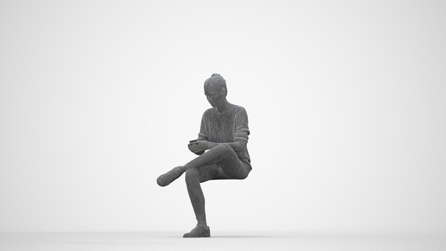 photogrammetry 3D woman casual sitting, realistic human model archviz FBX, wireframe back view
