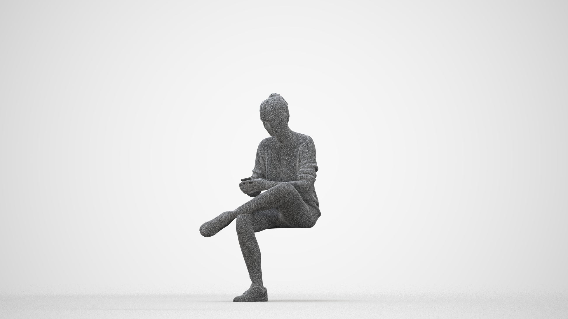 photogrammetry 3D woman casual sitting, realistic human model archviz FBX, wireframe back view