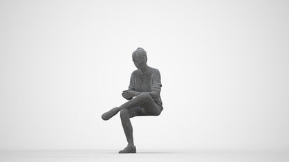photogrammetry 3D woman casual sitting, realistic human model archviz FBX, wireframe back view