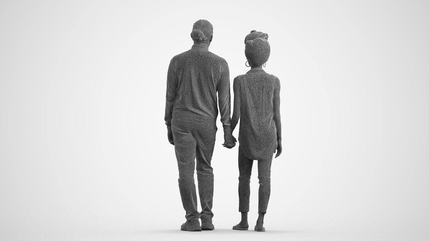 3D human model woman casual couple, photogrammetry scanned person for archviz, wireframe front view