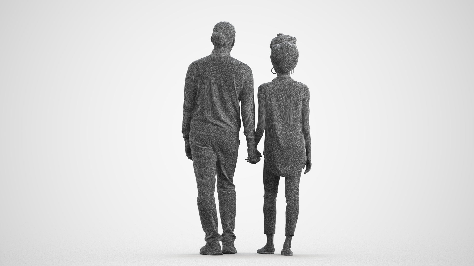 3D human model woman casual couple, photogrammetry scanned person for archviz, wireframe front view