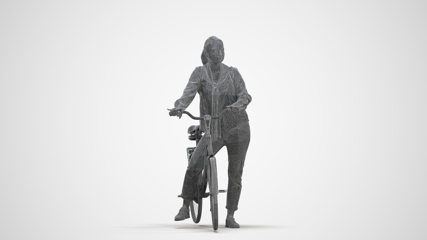 3D scanned woman cycling casual, photorealistic archviz people for Enscape and SketchUp, three-quarter front view render