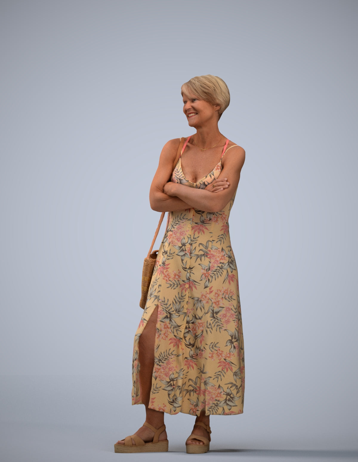 3D human model senior woman standing, photogrammetry scanned person for archviz