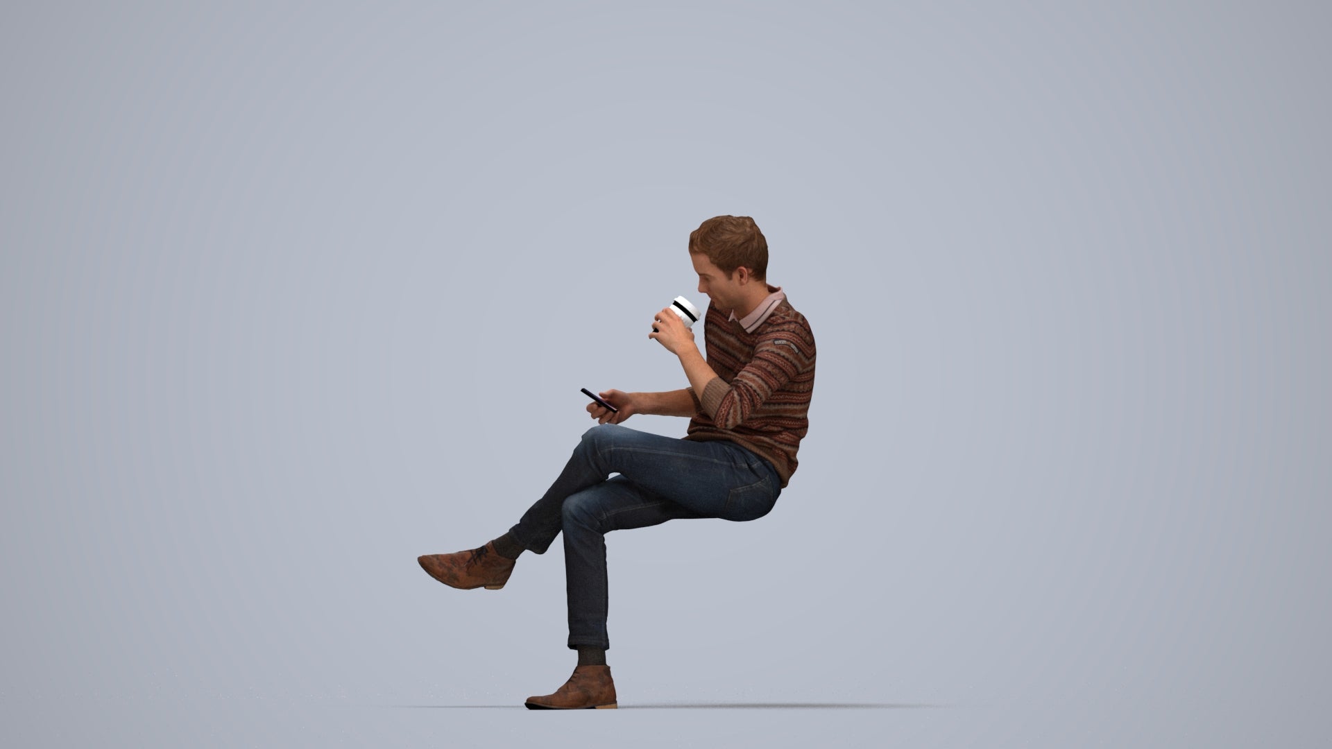 photogrammetry 3D man casual sitting, realistic human model archviz FBX, top-down view render