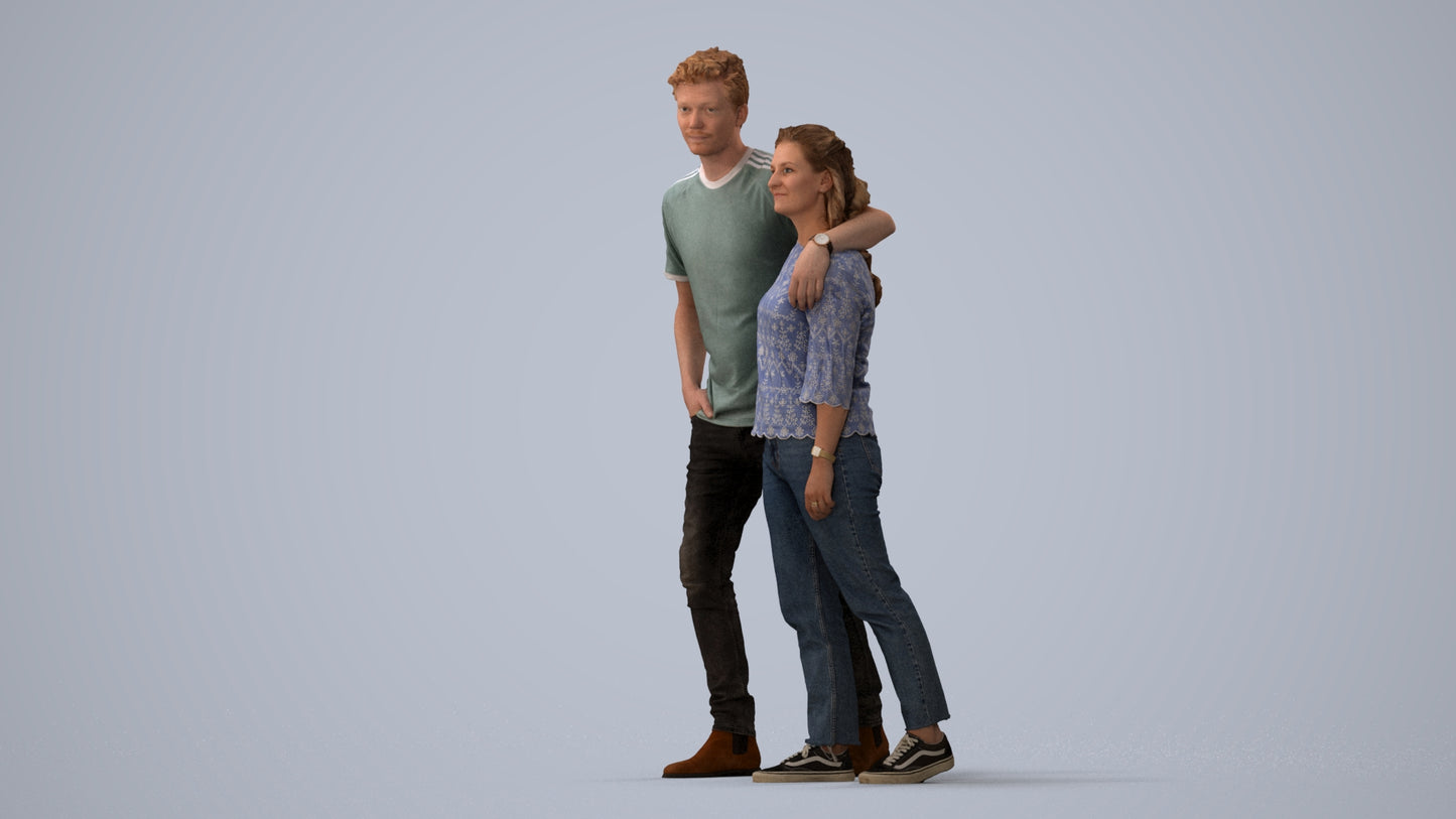 3D human model woman casual couple, photogrammetry scanned person for archviz, three-quarter view render