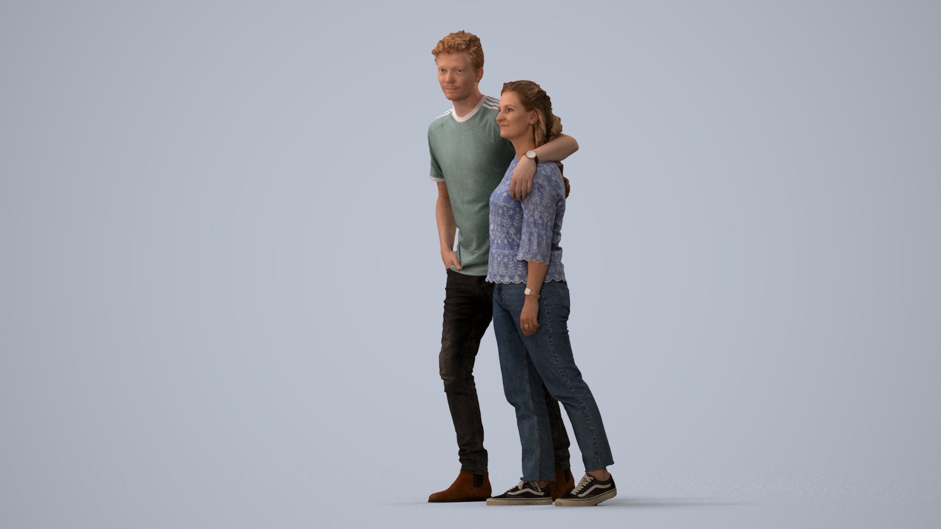 3D human model woman casual couple, photogrammetry scanned person for archviz, three-quarter view render