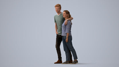3D human model woman casual couple, photogrammetry scanned person for archviz, three-quarter view render