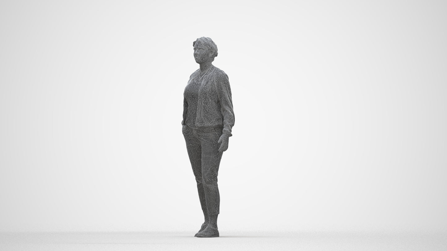 3D human model woman casual walking, photogrammetry scanned person for archviz, wireframe back view