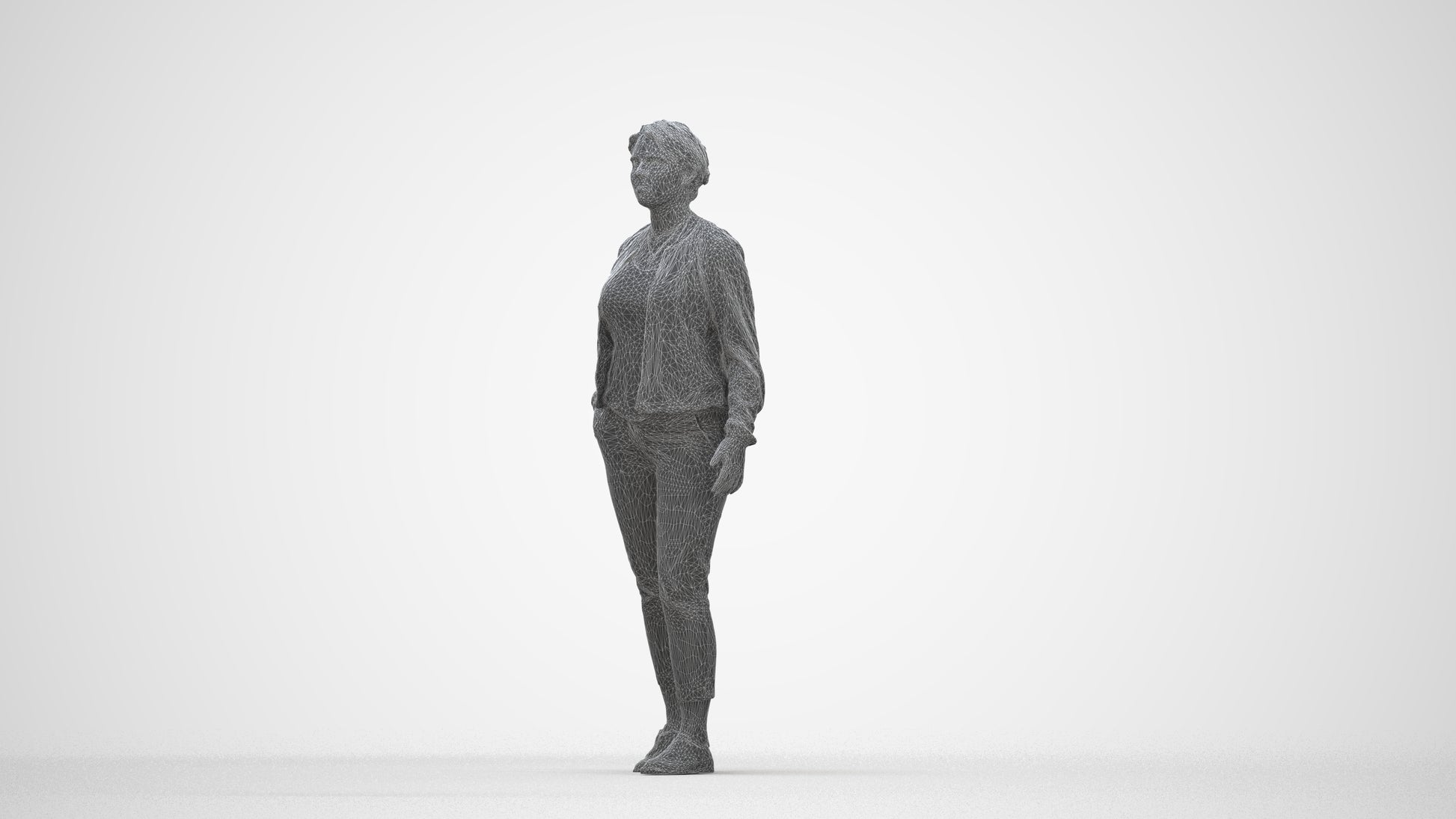 3D human model woman casual walking, photogrammetry scanned person for archviz, wireframe back view