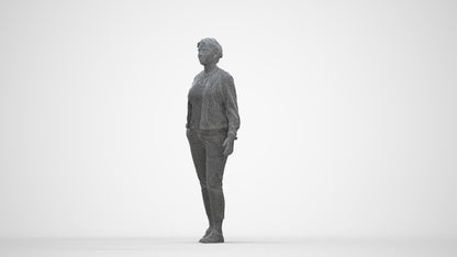 3D human model woman casual walking, photogrammetry scanned person for archviz, wireframe back view