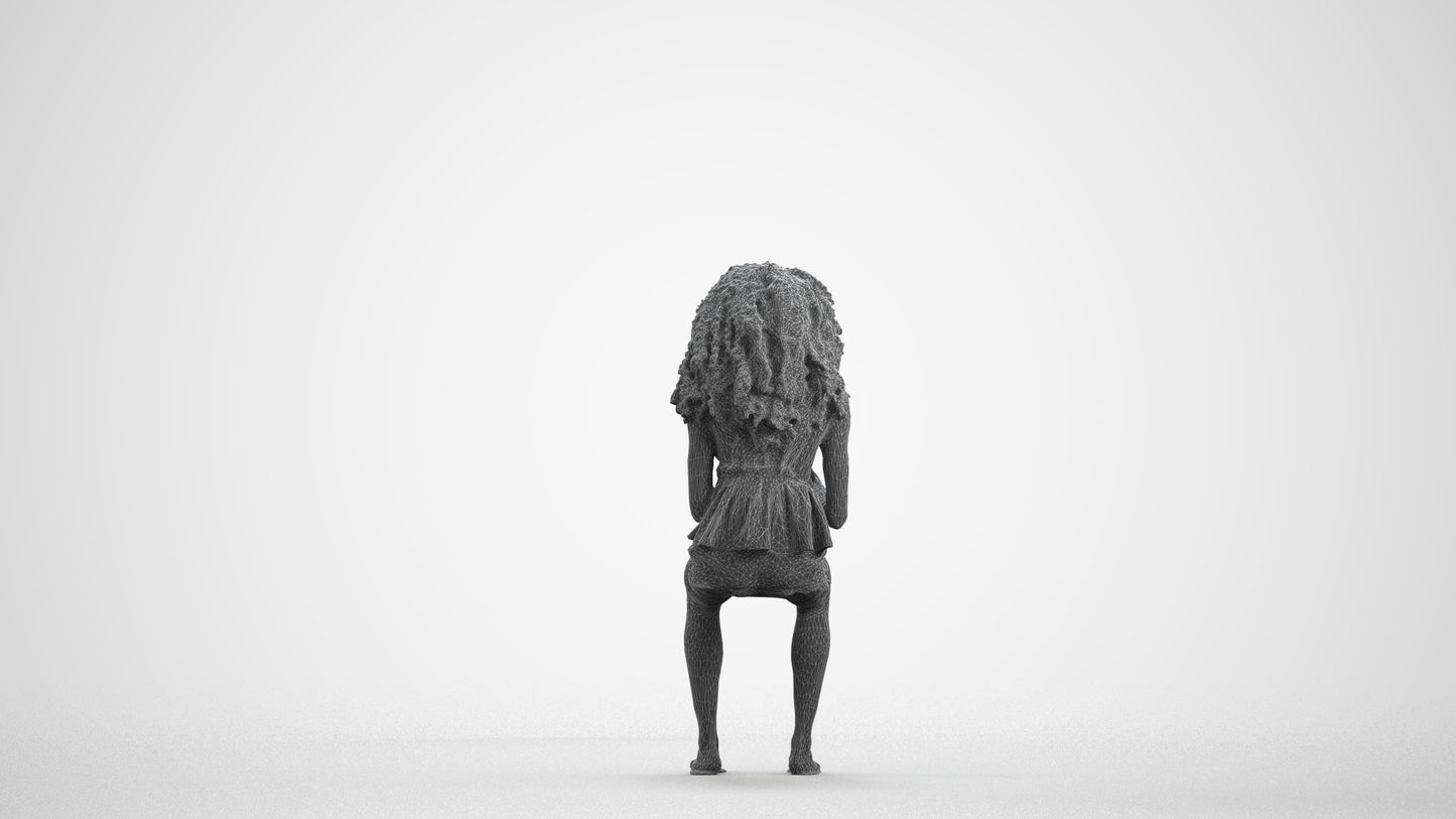 realistic 3D woman casual sitting, scanned archviz people for Blender and 3ds Max, wireframe front view