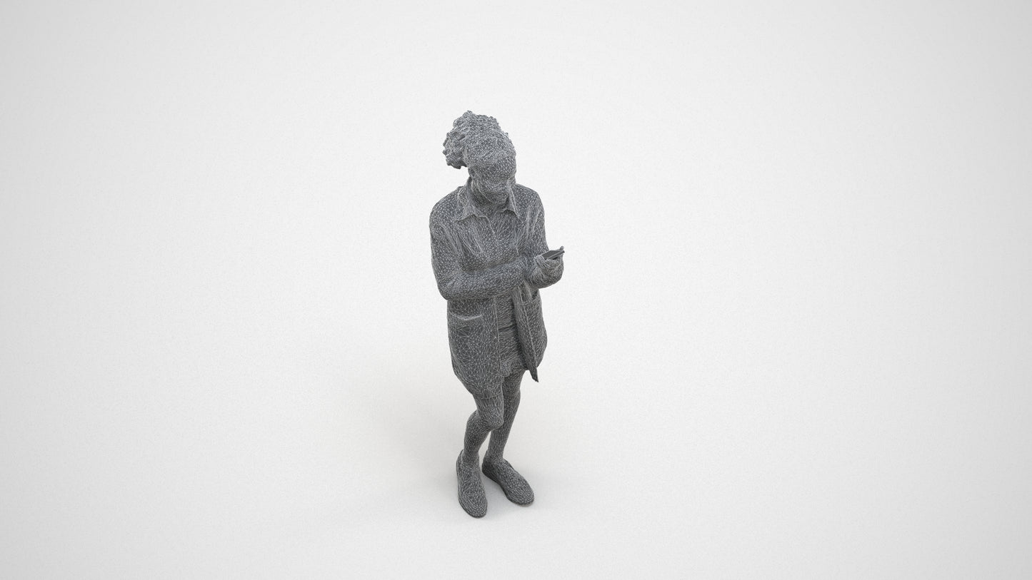 realistic 3D woman casual standing, scanned archviz people for Blender and 3ds Max, wireframe three-quarter view