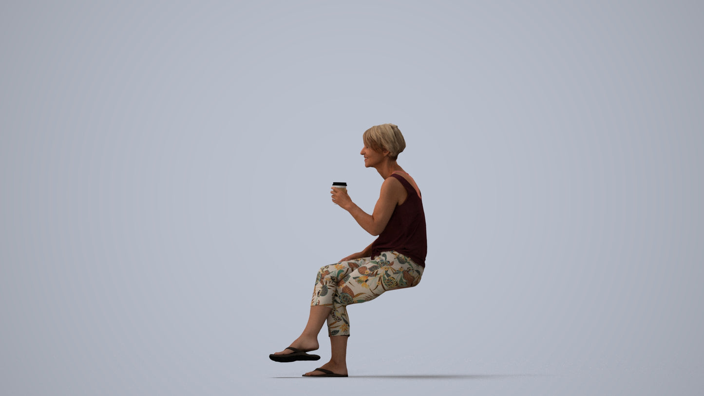 3D human model senior woman sitting, photogrammetry scanned person for archviz, three-quarter view render