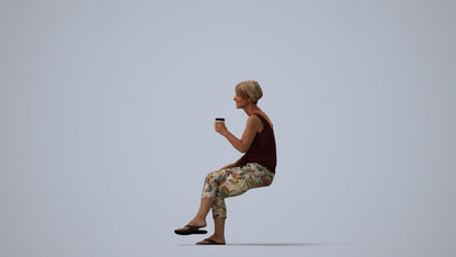 3D human model senior woman sitting, photogrammetry scanned person for archviz, three-quarter view render