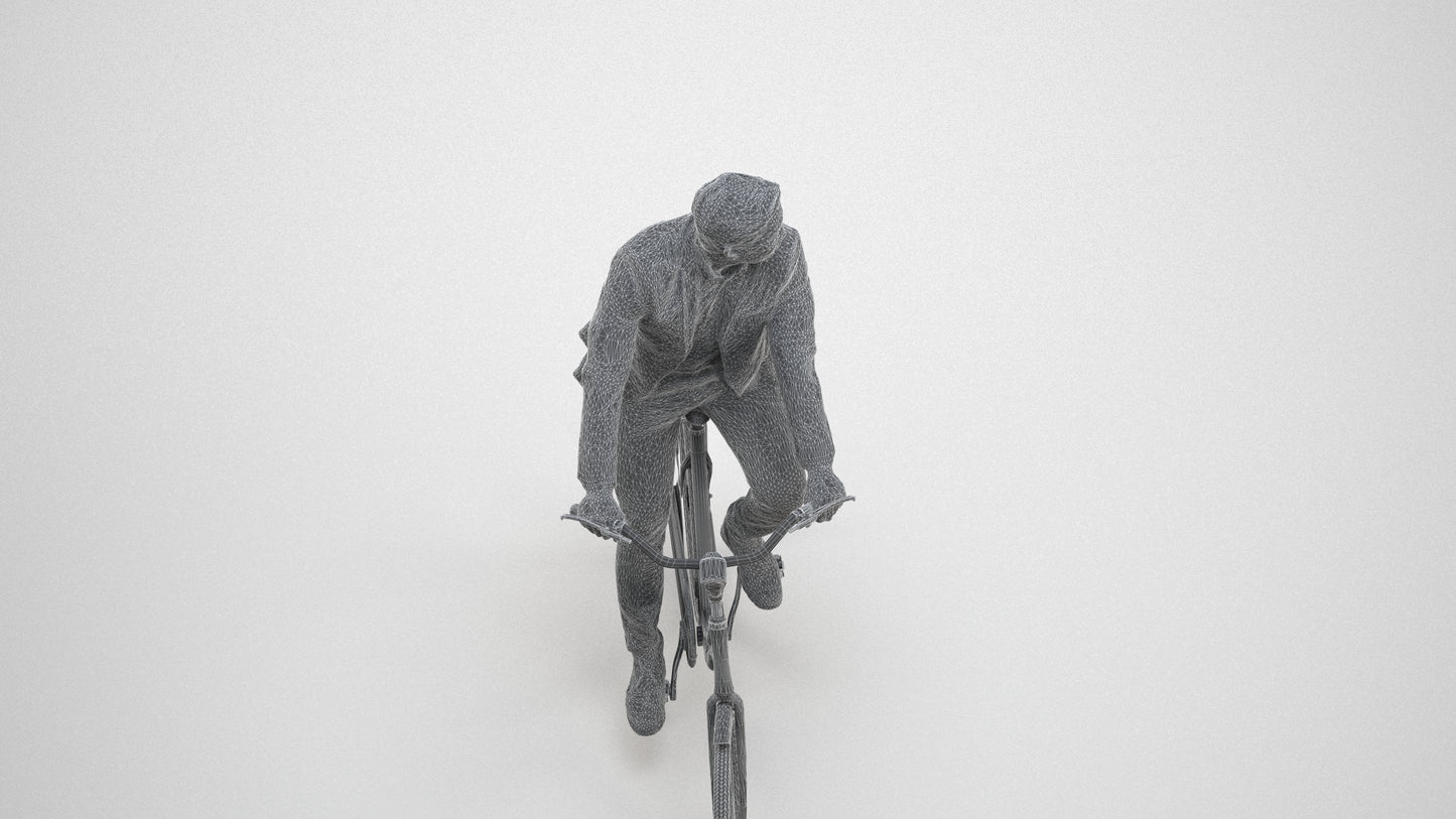 3D human model man business cycling, photogrammetry scanned person for archviz, wireframe three-quarter view