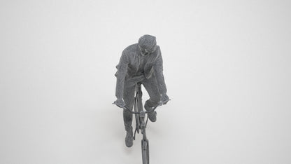 3D human model man business cycling, photogrammetry scanned person for archviz, wireframe three-quarter view