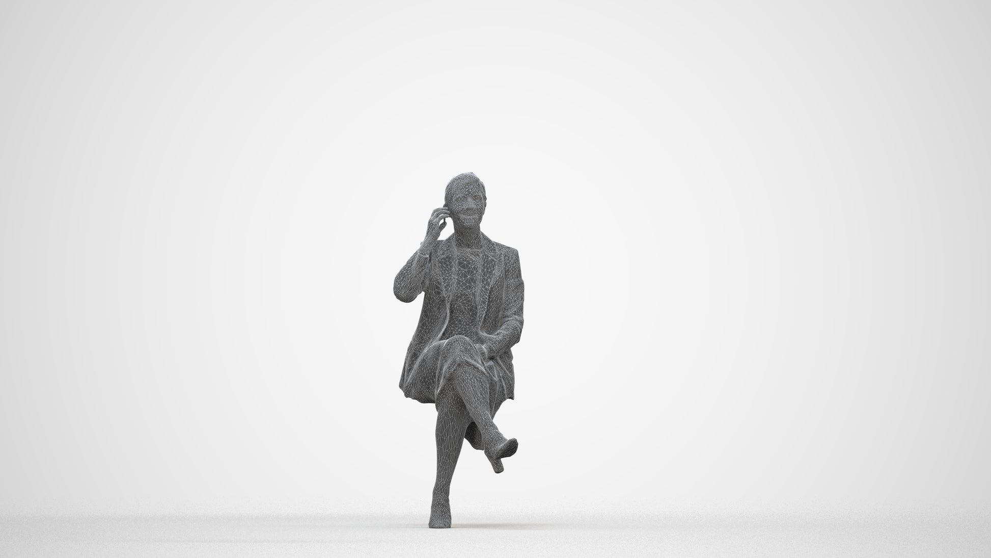 3D human model woman business sitting, photogrammetry scanned person for archviz, wireframe back view