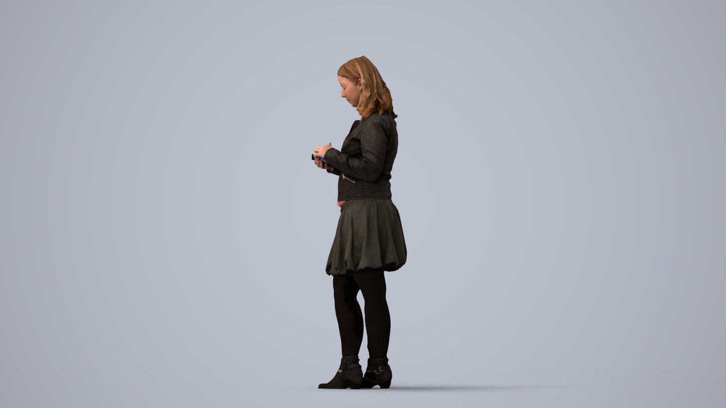 3D scanned woman standing casual, photorealistic archviz people for Enscape and SketchUp, three-quarter view render