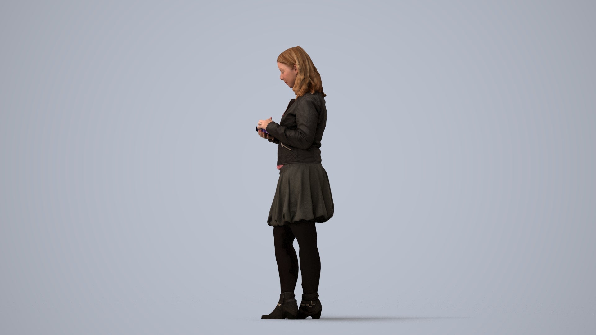 3D scanned woman standing casual, photorealistic archviz people for Enscape and SketchUp, three-quarter view render