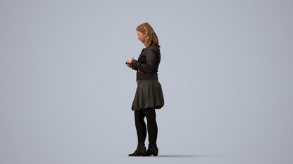 3D scanned woman standing casual, photorealistic archviz people for Enscape and SketchUp, three-quarter view render