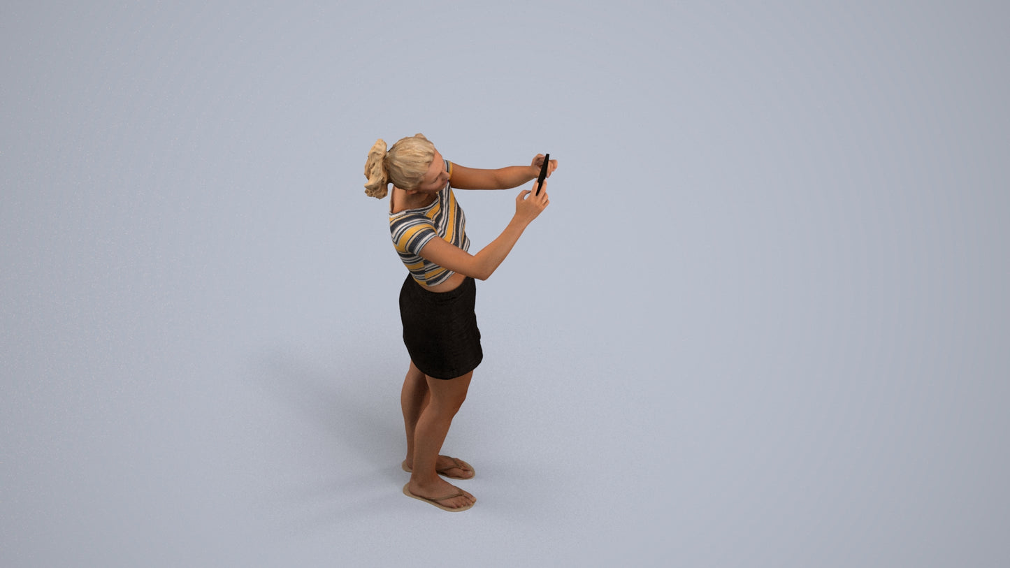3D human model woman casual standing, photogrammetry scanned person for archviz, back view render