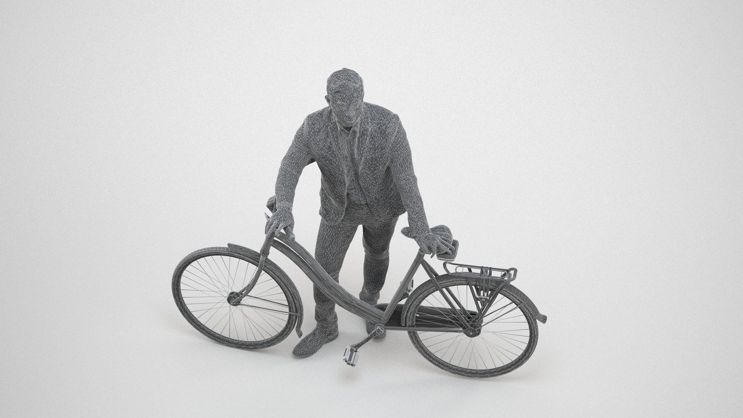 photogrammetry 3D man business cycling, realistic human model archviz FBX, wireframe three-quarter view