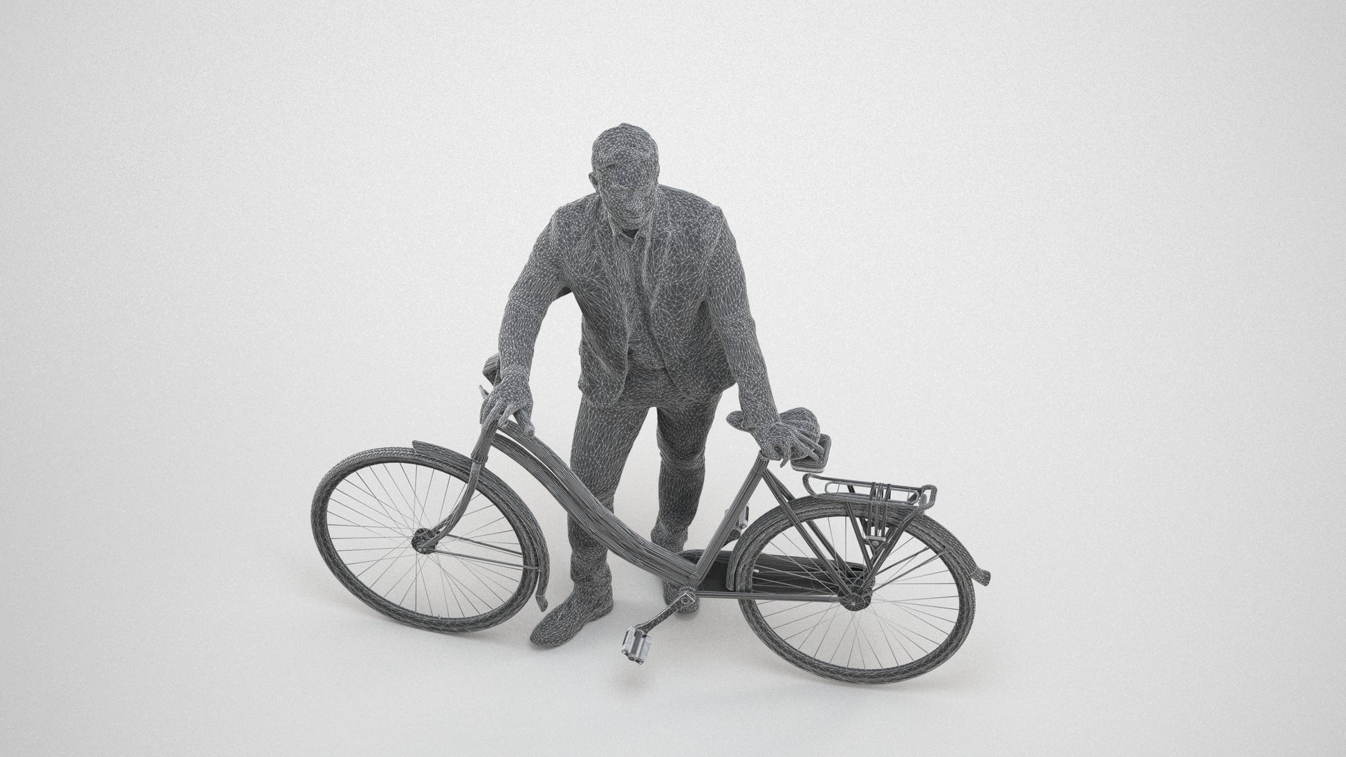 photogrammetry 3D man business cycling, realistic human model archviz FBX, wireframe three-quarter view