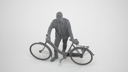 photogrammetry 3D man business cycling, realistic human model archviz FBX, wireframe three-quarter view
