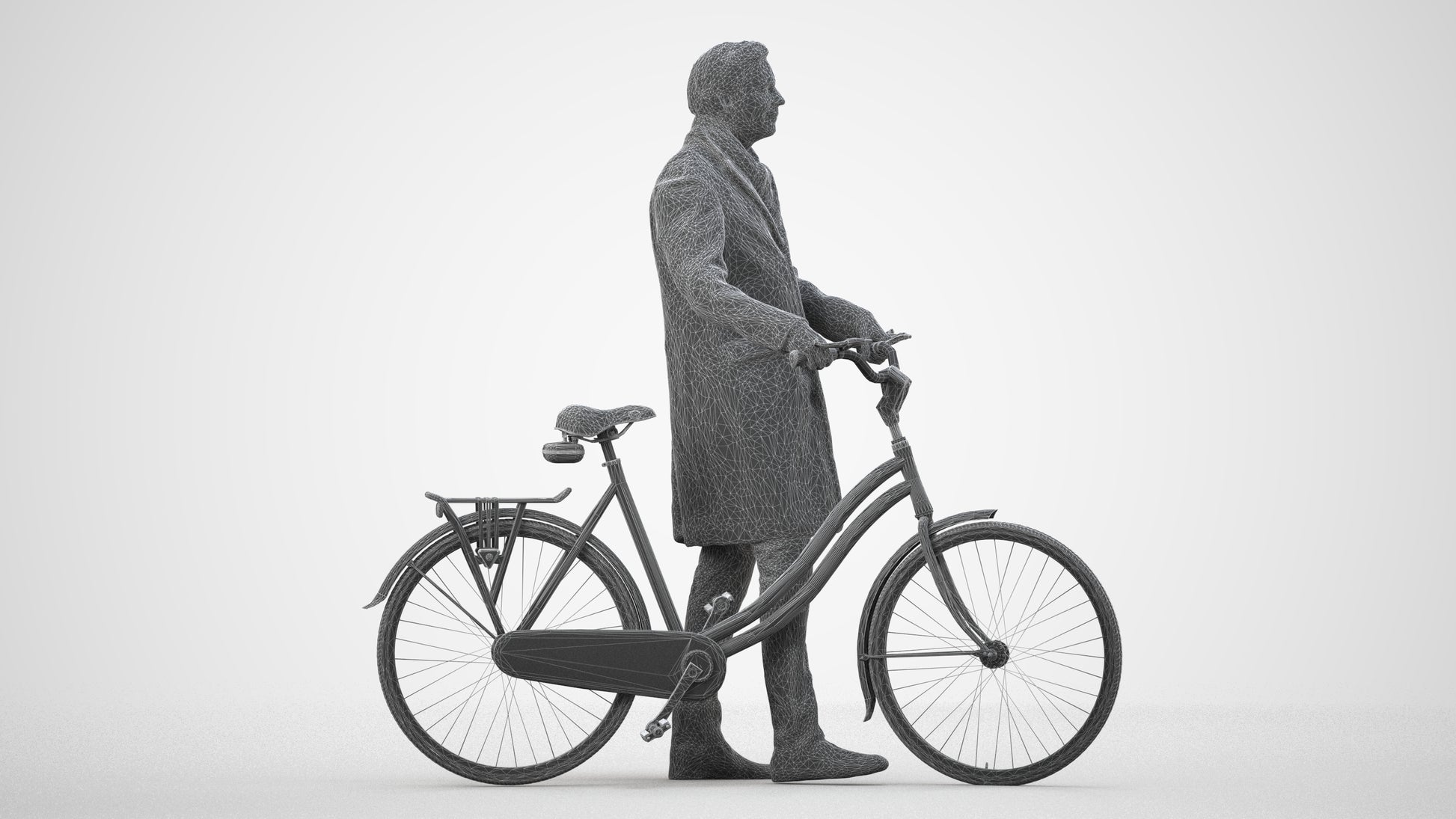 photogrammetry 3D man cycling, realistic human model archviz FBX, wireframe side view