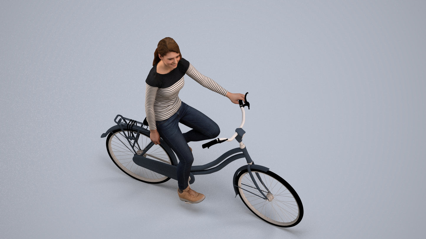realistic 3D human woman casual cycling, archviz people FBX OBJ for Blender, back view render