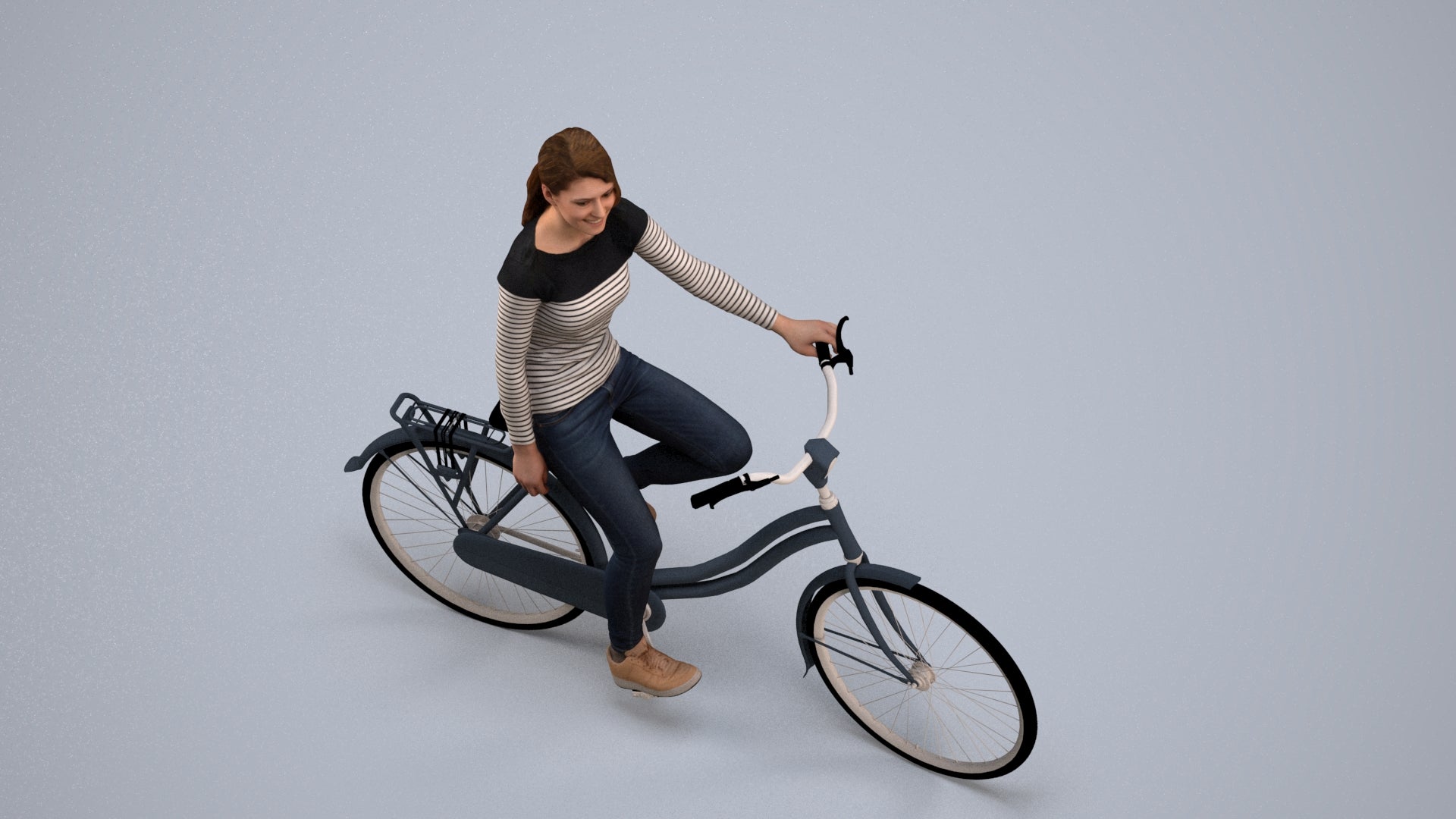 realistic 3D human woman casual cycling, archviz people FBX OBJ for Blender, back view render