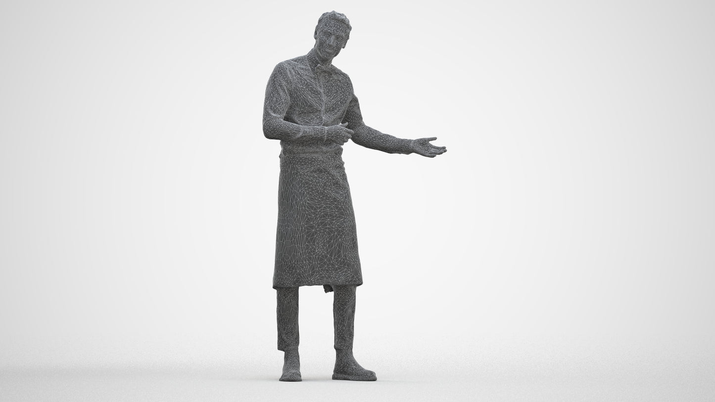 3D human model man hospitality, photogrammetry scanned person for archviz, three-quarter front view render