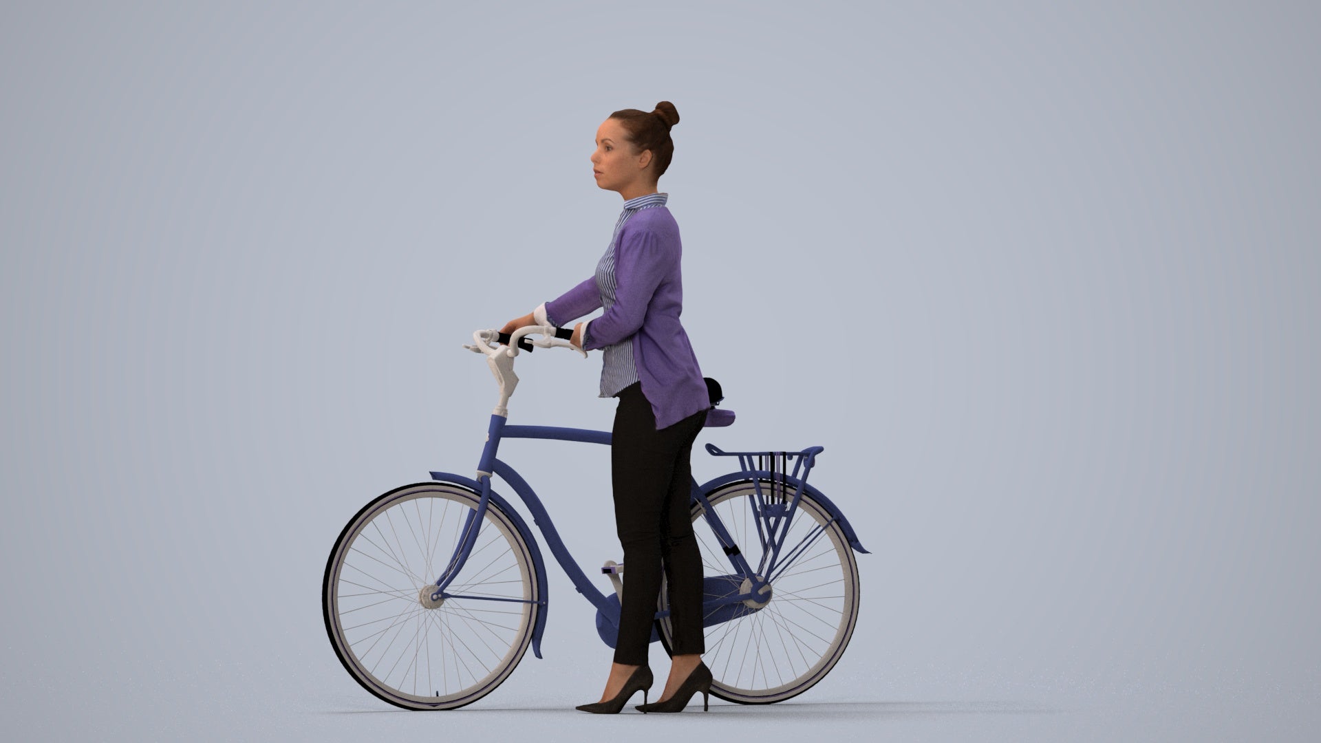 3D people model woman business cycling, scanned human for 3ds Max rendering, three-quarter view render