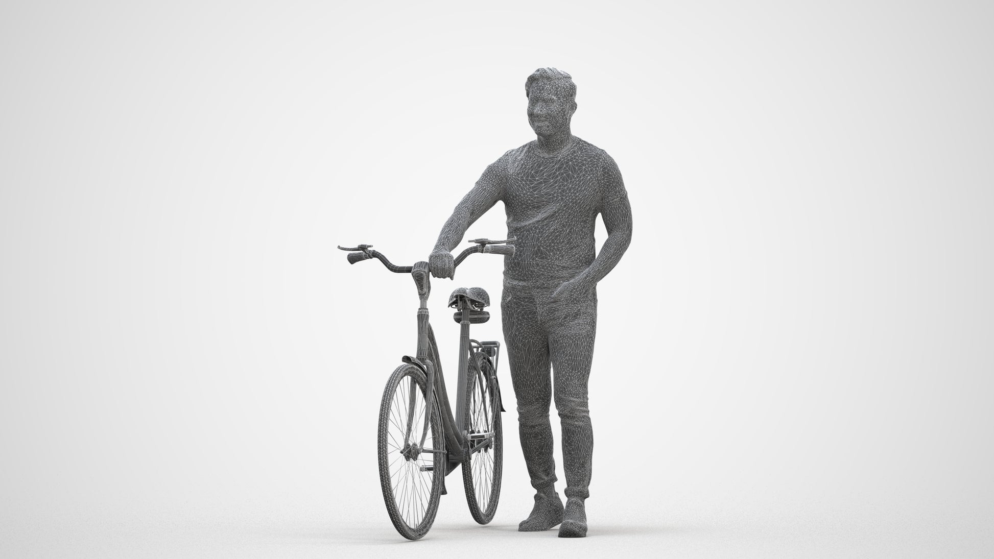 realistic 3D man casual cycling, scanned archviz people for Blender and 3ds Max, three-quarter front view render