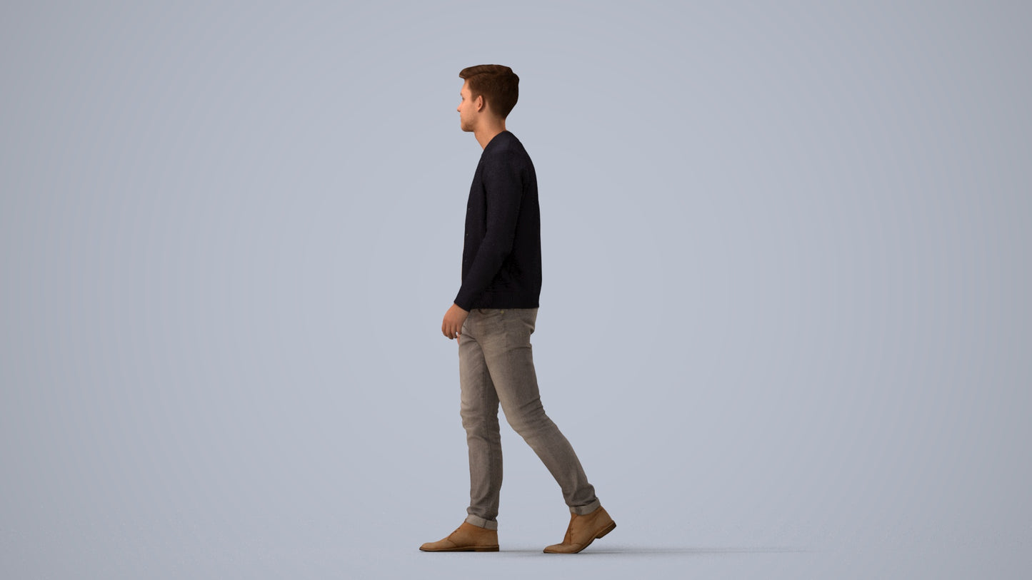 realistic 3D human man casual walking, archviz people FBX OBJ for Blender, three-quarter view render