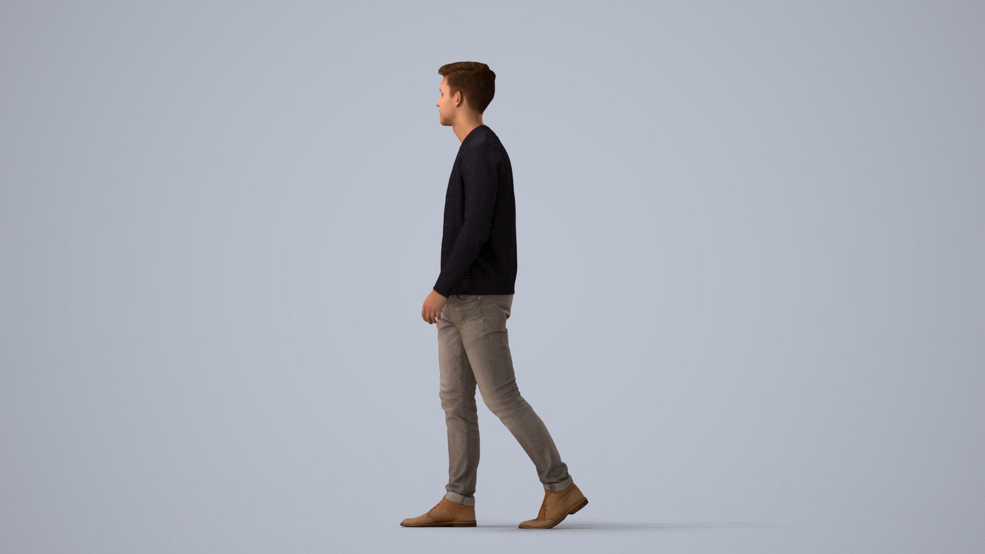 realistic 3D human man casual walking, archviz people FBX OBJ for Blender, three-quarter view render
