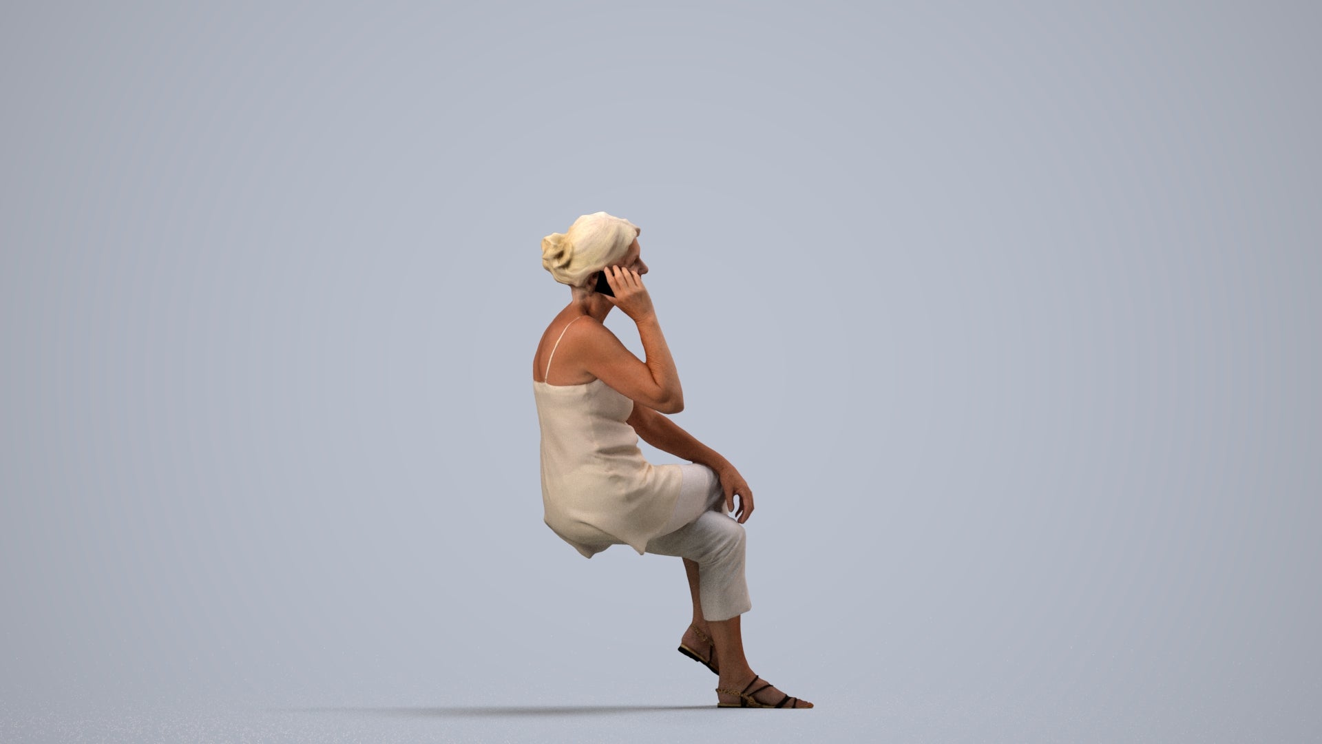 realistic 3D people senior woman casual sitting, render-ready for V-Ray and Corona, FBX OBJ, side view render