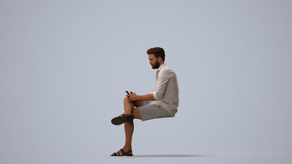 realistic 3D man casual sitting, scanned archviz people for Blender and 3ds Max, three-quarter view render