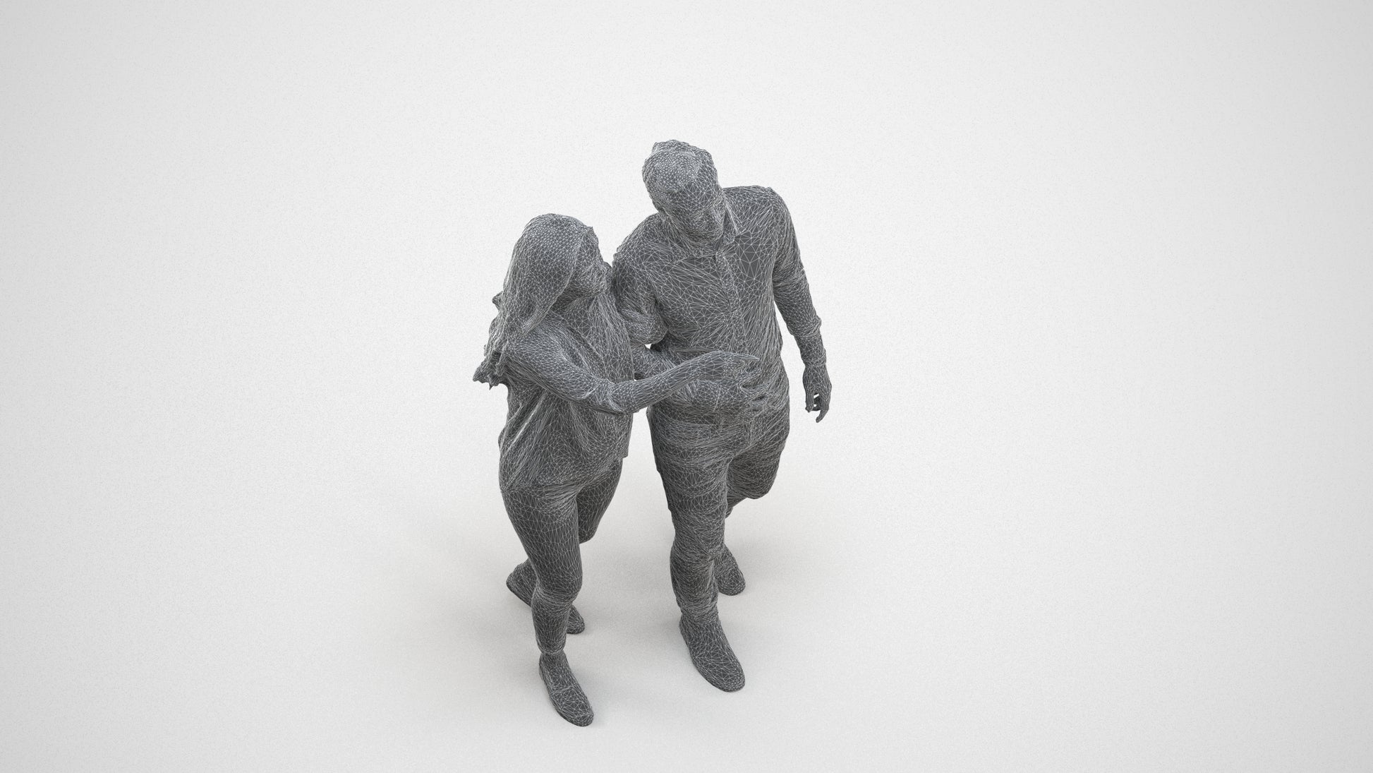 realistic 3D woman casual couple, scanned archviz people for Blender and 3ds Max, wireframe three-quarter view