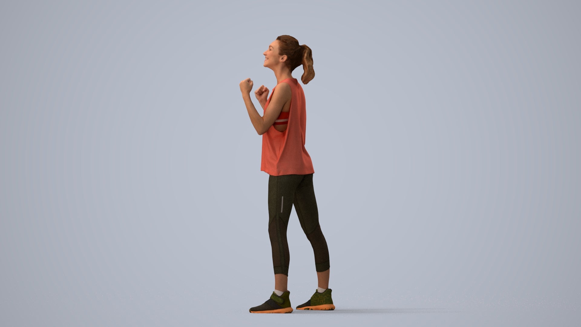 realistic 3D human woman sport, archviz people FBX OBJ for Blender, three-quarter view render