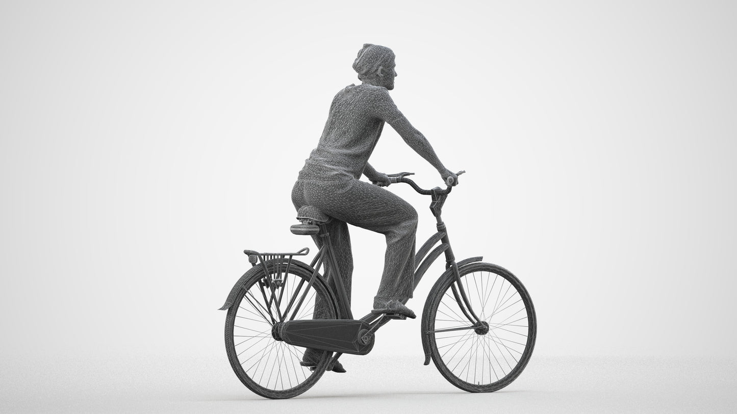 scanned 3D woman casual cycling, photogrammetry people for Enscape and V-Ray, wireframe side view