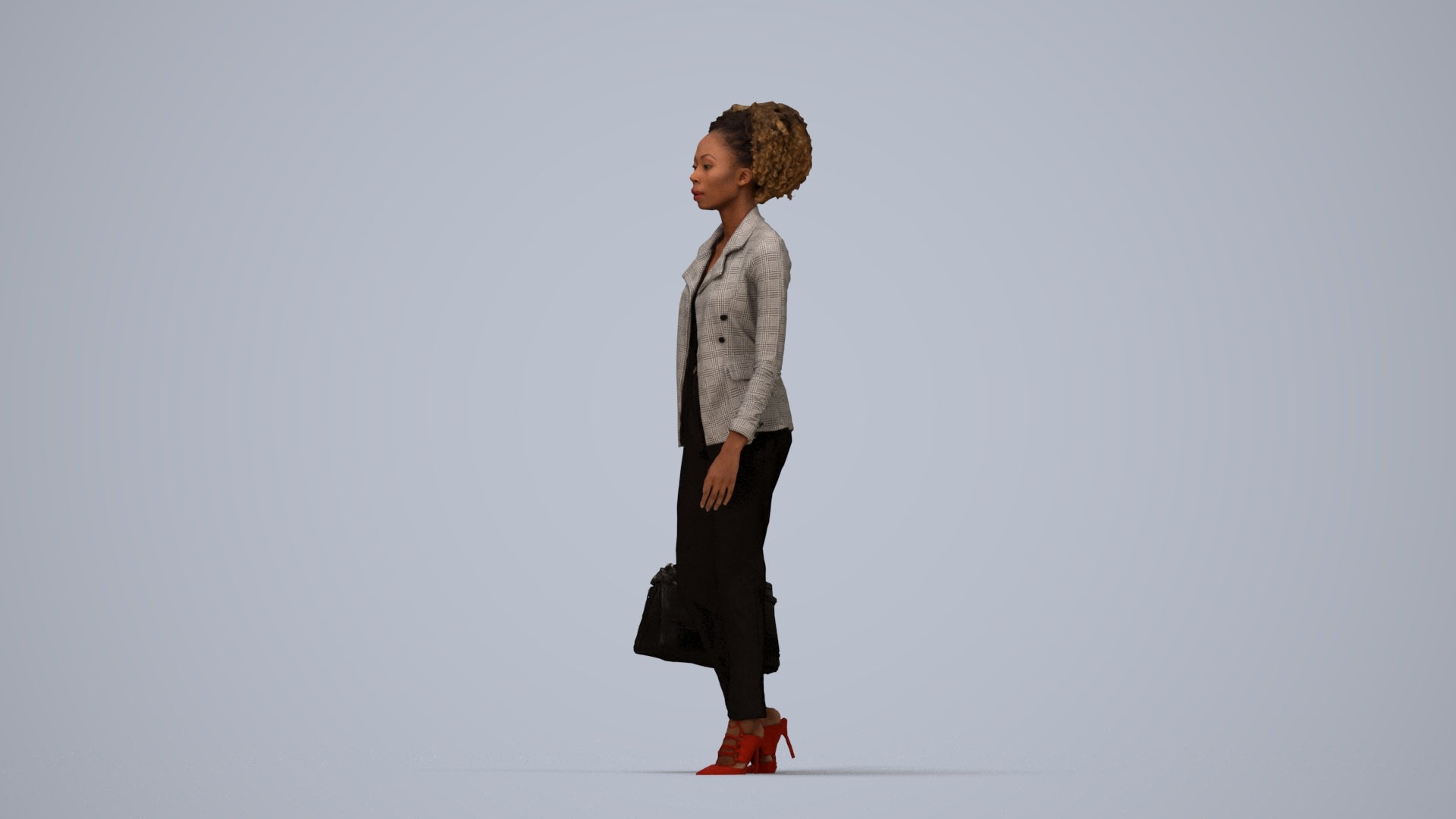 realistic 3D woman business walking, scanned archviz people for Blender and 3ds Max, top-down view render