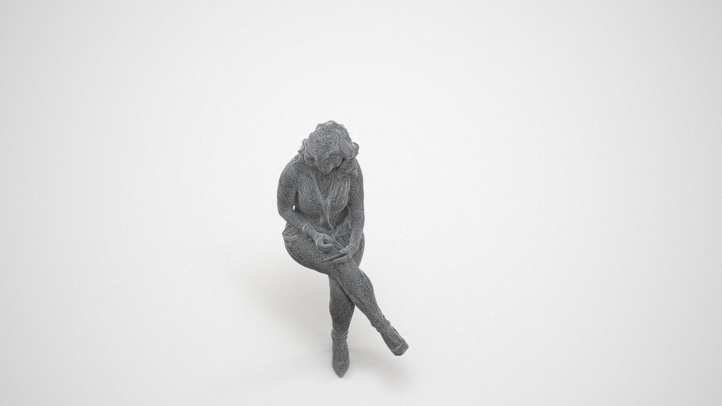 realistic 3D woman casual sitting, scanned archviz people for Blender and 3ds Max, wireframe three-quarter view
